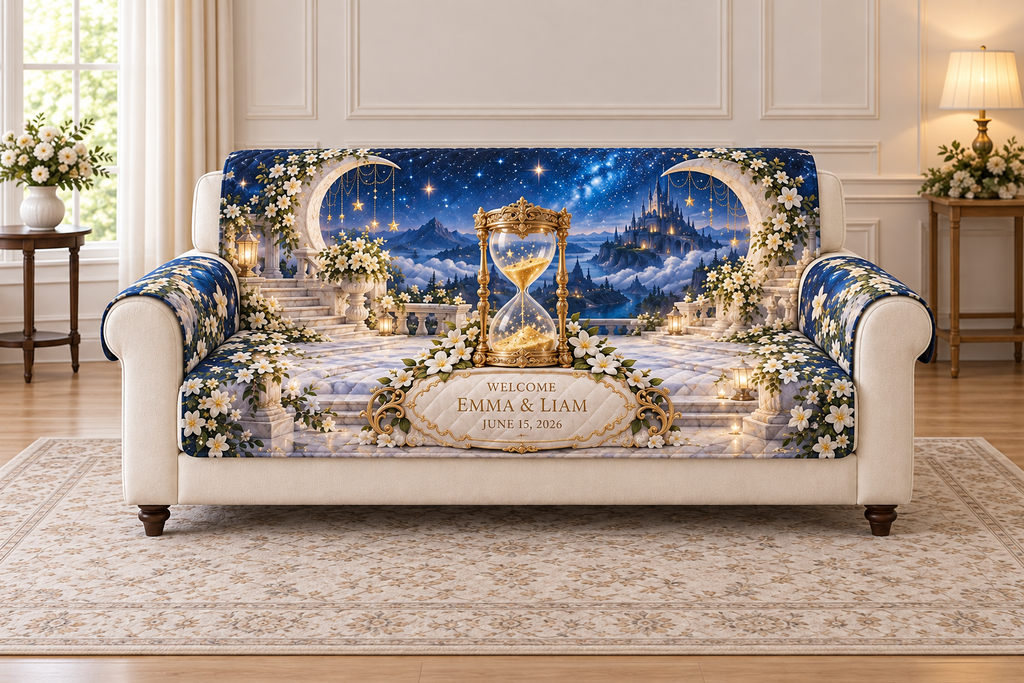 Example WELCOME / EMMA & LIAM / JUNE 15, 2026 ivory plaque, brass-style hourglass with star-sand, jasmine crescent forms, marble terrace cloud valleys and starry hills.