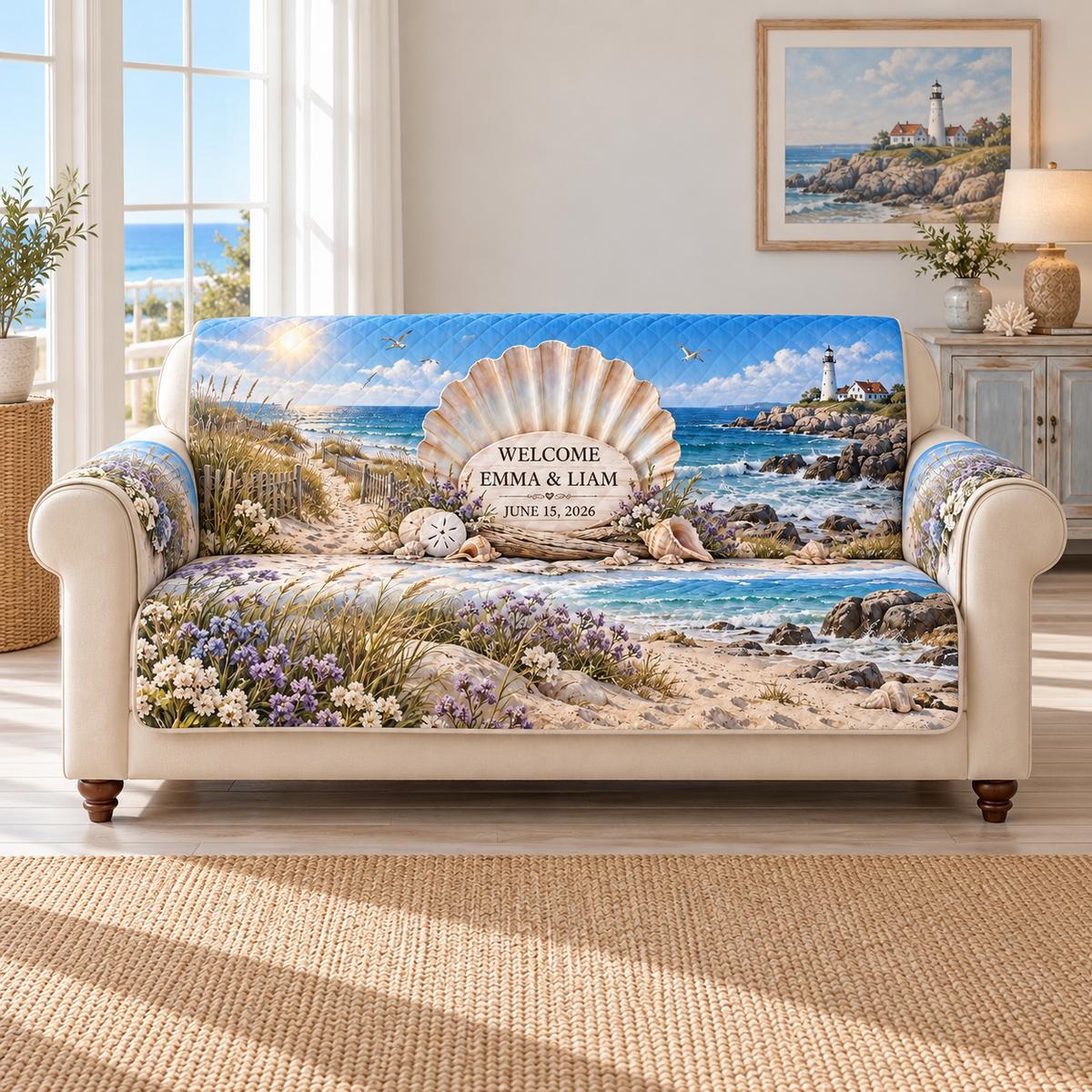 Example WELCOME / EMMA & LIAM / JUNE 15, 2026 ivory plaque before a pearlescent scallop fan on driftwood, sea lavender, dune grasses, turquoise cove and lighthouse headland.