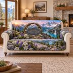 Example WELCOME / EMMA & LIAM / JUNE 15, 2026 on jagged dark slate tablet, granite ledge, alpine flowers, pine-branch arch, glacial lake waterfall and snowy peaks.