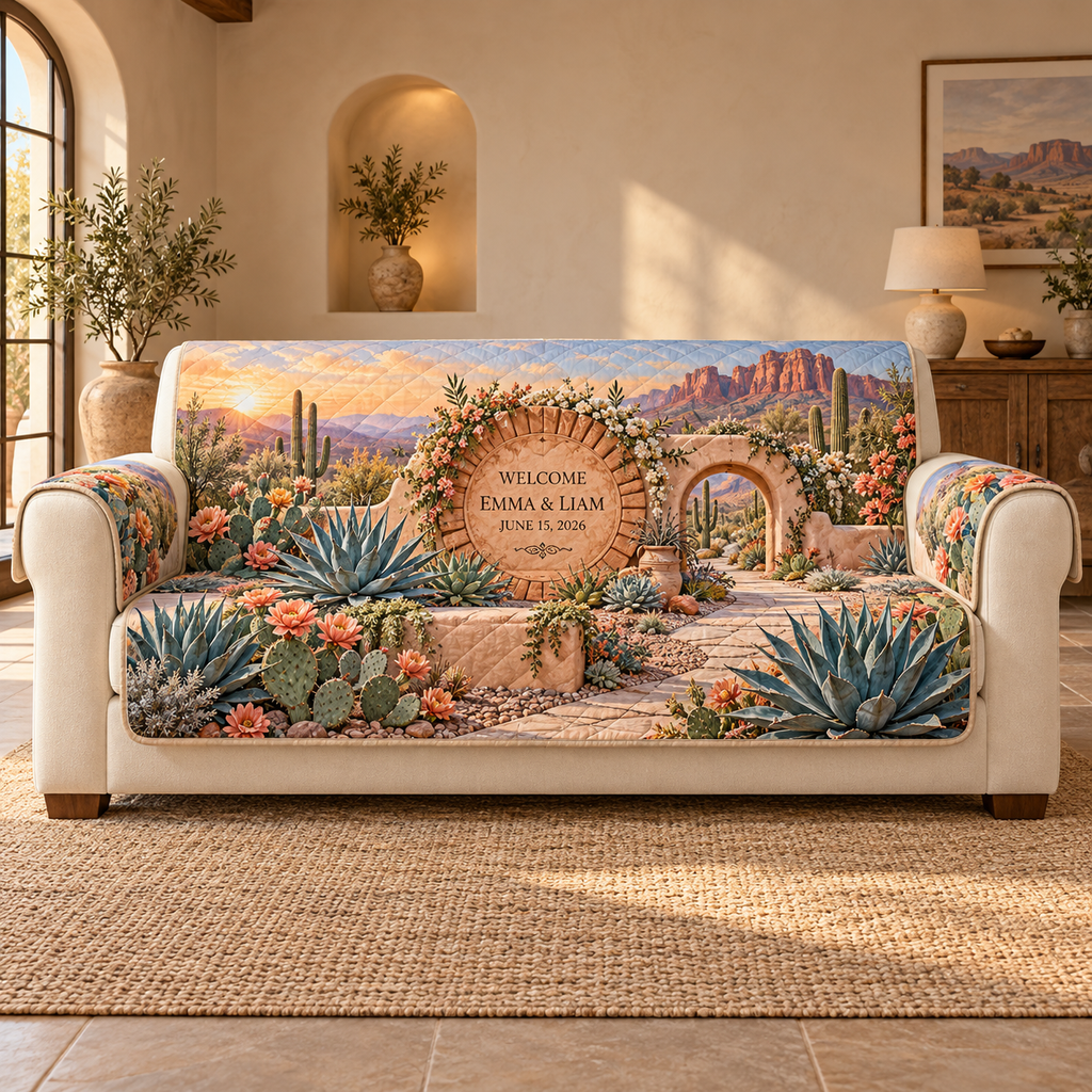 Example WELCOME / EMMA & LIAM / JUNE 15, 2026 terracotta sunburst plaque on travertine, agave prickly pear flowers adobe portal desert path and red buttes.