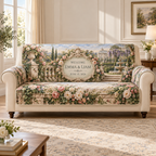 Example WELCOME / EMMA & LIAM / JUNE 15, 2026 sage panel in antique ivory scrollwork oval frame, limestone balustrade, roses peonies ivy, fountain wisteria gazebo and conservatory.