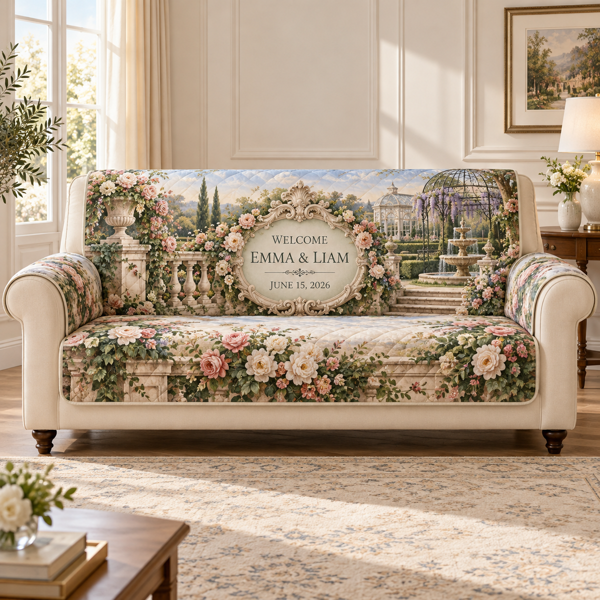 Example WELCOME / EMMA & LIAM / JUNE 15, 2026 sage panel in antique ivory scrollwork oval frame, limestone balustrade, roses peonies ivy, fountain wisteria gazebo and conservatory.