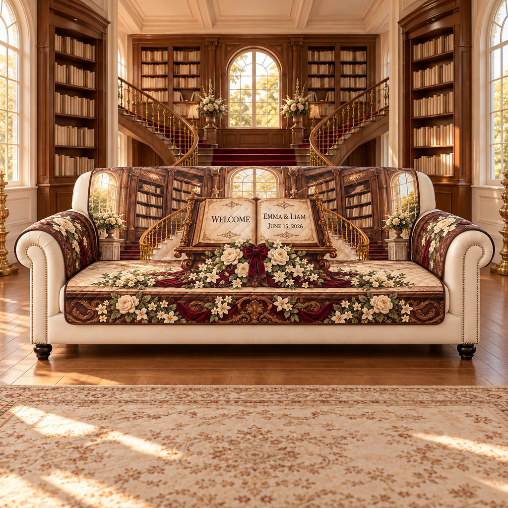 Example WELCOME / EMMA & LIAM / JUNE 15, 2026 open parchment book on mahogany lectern, roses jasmine burgundy ribbon, double staircase library gallery sunlit arched windows.