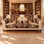 Example WELCOME / EMMA & LIAM / JUNE 15, 2026 open parchment book on mahogany lectern, roses jasmine burgundy ribbon, double staircase library gallery sunlit arched windows.