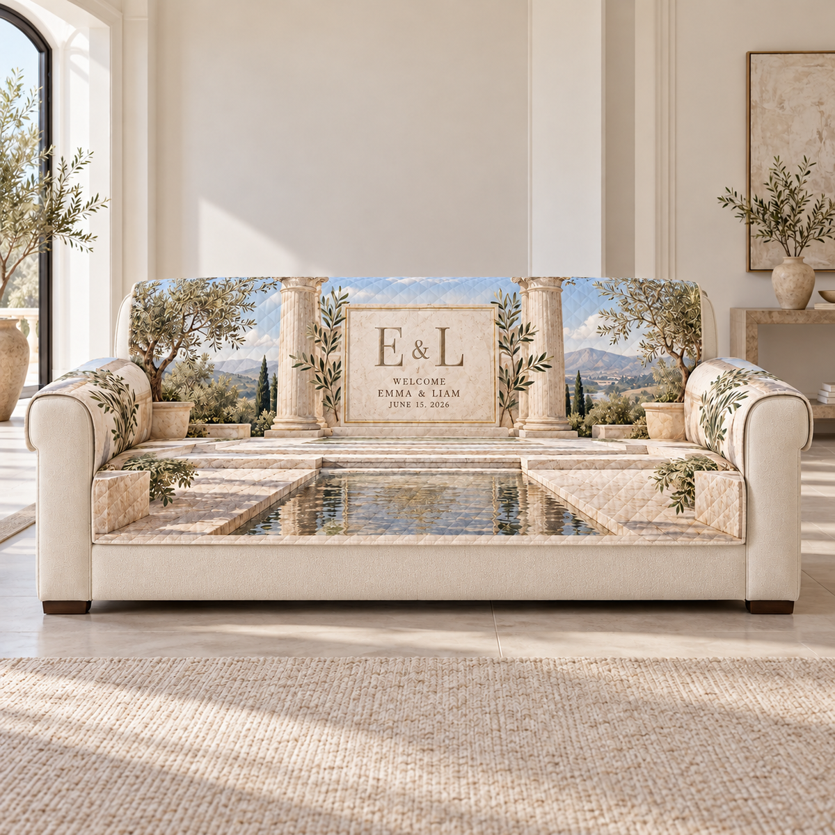 Example E & L / WELCOME / EMMA & LIAM / JUNE 15, 2026 travertine tablet brass border, olive branches, columns and reflecting courtyard water channel.