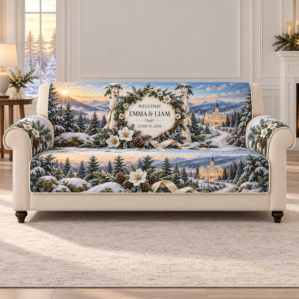 Example WELCOME / EMMA & LIAM / JUNE 15, 2026 frosted rounded panel brass edging birch pillars cedar fir garland hellebore pinecones snowy forest path distant glass chapel.