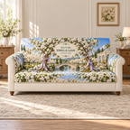 Example WELCOME / EMMA & LIAM / JUNE 15, 2026 porcelain-style oval plaque between intertwined pear blossom trunks, lilac ribbon, stone footbridge reflecting pond blossom orchard orangery hills sky.