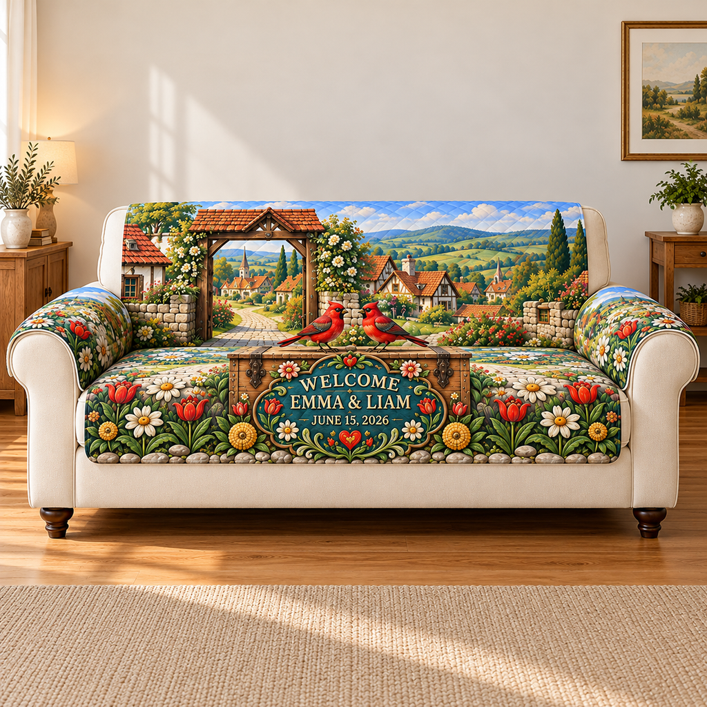 Example WELCOME / EMMA & LIAM / JUNE 15, 2026 scalloped teal welcome shield with folk tulips daisies rosettes and two red songbirds on an oak-style chest before a timber village gate cottages meadow lane hills sky.