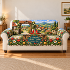 Example WELCOME / EMMA & LIAM / JUNE 15, 2026 scalloped teal welcome shield with folk tulips daisies rosettes and two red songbirds on an oak-style chest before a timber village gate cottages meadow lane hills sky.