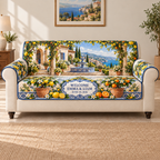 Example WELCOME / EMMA & LIAM / JUNE 15, 2026 white majolica-style welcome tablet cobalt citrus border tiled plinth lemon and orange trees terracotta pots pergola fountain Mediterranean garden villa coastal hills sky.