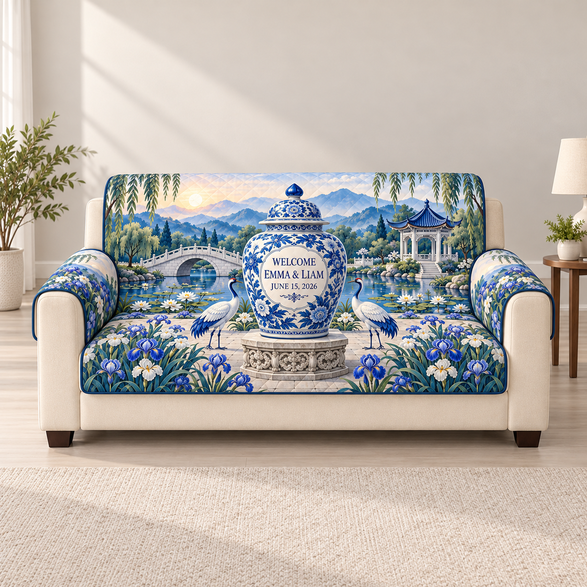 Example WELCOME / EMMA & LIAM / JUNE 15, 2026 blue-white ginger jar with welcome cartouche on stone pedestal two white cranes irises willow garden footbridge lily pond pavilion misty hills dawn sky.