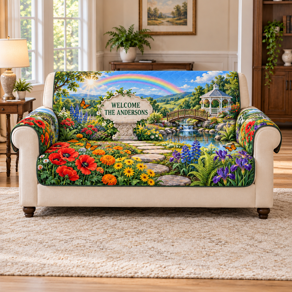 Example WELCOME / THE ANDERSONS scalloped plaque beneath a rainbow arch, colorful flowers butterflies stepping stones stream wooden bridge gazebo green hills and blue sky.