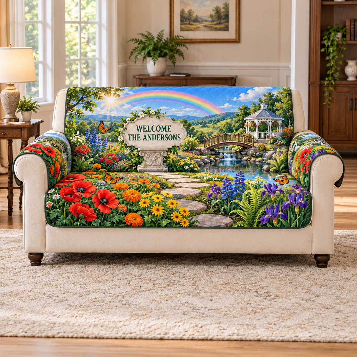 Example WELCOME / THE ANDERSONS scalloped plaque beneath a rainbow arch, colorful flowers butterflies stepping stones stream wooden bridge gazebo green hills and blue sky.