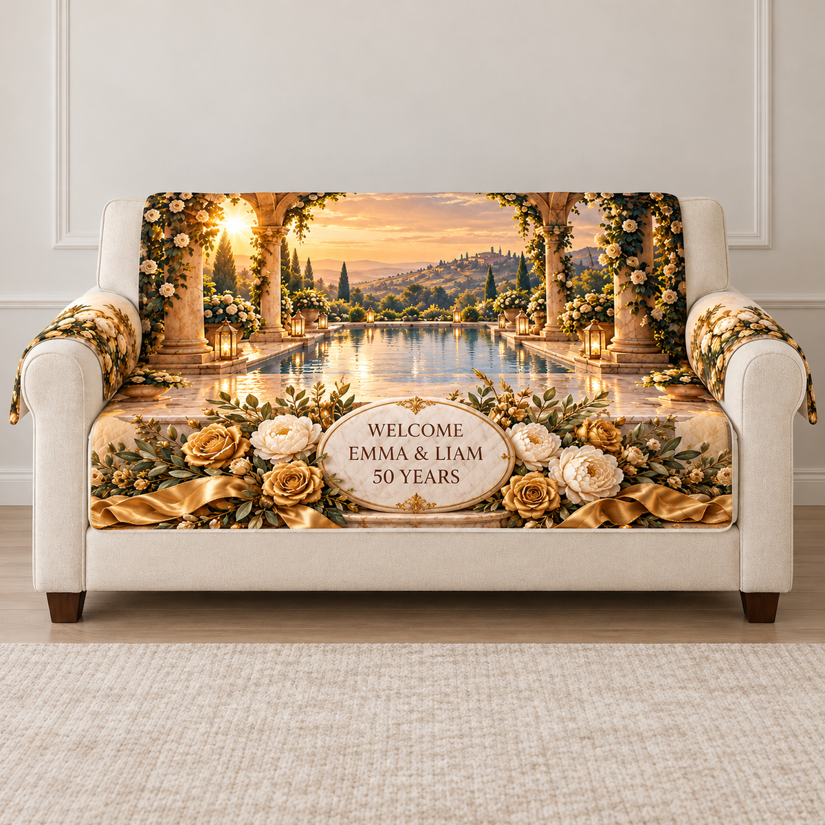 Example WELCOME / EMMA & LIAM / 50 YEARS ivory oval plaque with roses peonies olive ribbon marble plinth stone loggia reflecting pool terrace hills evening sky.
