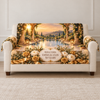 Example WELCOME / EMMA & LIAM / 50 YEARS ivory oval plaque with roses peonies olive ribbon marble plinth stone loggia reflecting pool terrace hills evening sky.