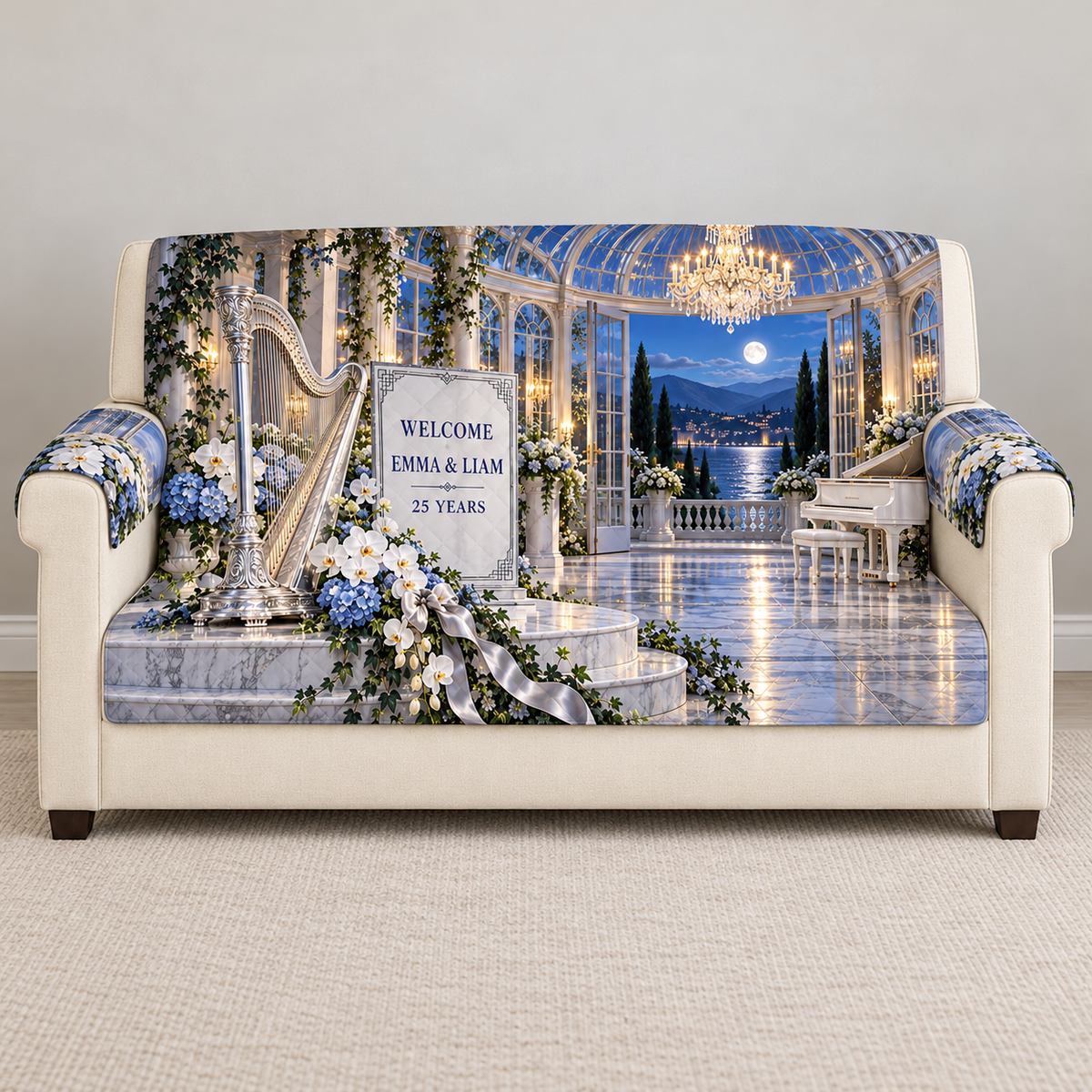 Example WELCOME / EMMA & LIAM / 25 YEARS frosted glass-style silver-bordered panel beside silver harp white orchids blue hydrangeas ivy pearl ribbon marble concert dais conservatory chandelier white piano moonlit canal hills sky.
