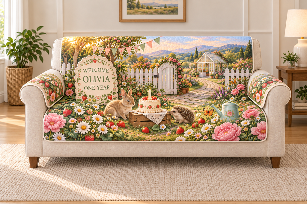 Example WELCOME / OLIVIA / ONE YEAR ivory scalloped welcome plaque strawberry cake numeral1 candle baby rabbit hedgehog watering can flowers bunting picket gate greenhouse hills sky.