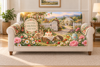 Example WELCOME / OLIVIA / ONE YEAR ivory scalloped welcome plaque strawberry cake numeral1 candle baby rabbit hedgehog watering can flowers bunting picket gate greenhouse hills sky.