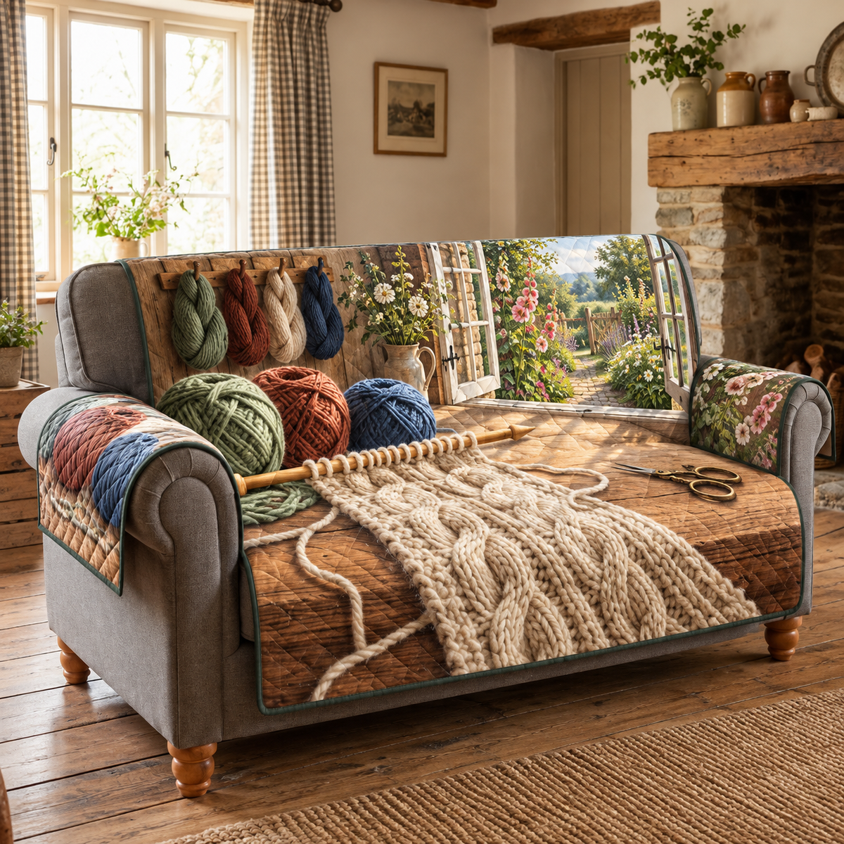 Garden Window Cable Knitting Sofa Cover. Flat printed cable knitting, yarn, oak worktable and open cottage garden window.