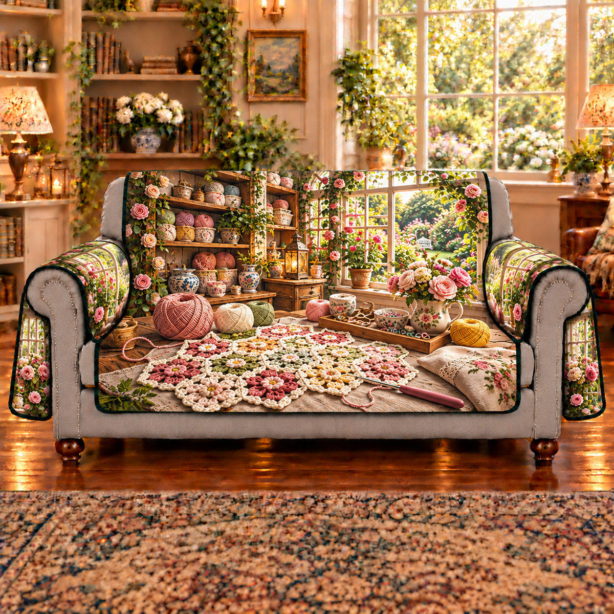 A complete hexagonal granny-flower crochet panel with open loops rests beside a hooked crochet tool, cotton yarn cakes, stitch markers and a wooden notions tray. Thread shelves and a sunny rose conservatory form a deep craft studio scene. Flat printed optical depth on one thin sofa cover.