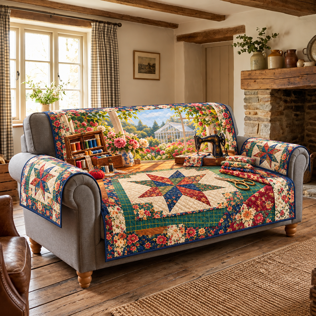 Garden Window Quilting Studio Sofa Cover. Flat printed star sampler, thread box, sewing machine and garden-window scene.