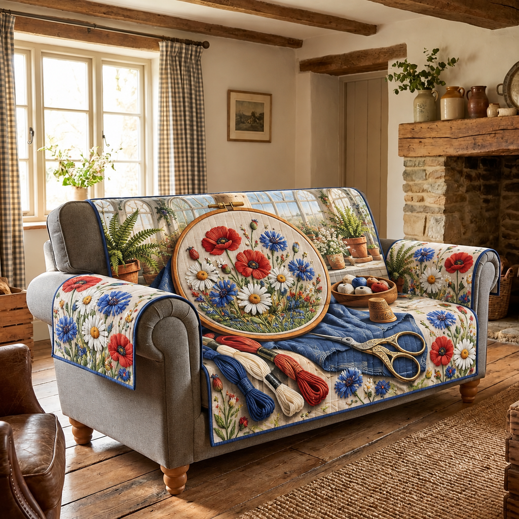 Conservatory Meadow Embroidery Sofa Cover. Flat printed floral hoop, thread and conservatory still life.