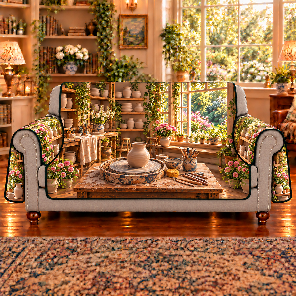 An unfinished wet clay vase stands on a complete pottery wheel head with concentric rings. Clay shaping tools, a sponge and slip bowl rest on a clay-stained work board. Shelves of plain bisque vessels and an open garden window create layered pottery studio depth. Flat printed optical depth on sofa cover.