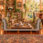 An unfinished wet clay vase stands on a complete pottery wheel head with concentric rings. Clay shaping tools, a sponge and slip bowl rest on a clay-stained work board. Shelves of plain bisque vessels and an open garden window create layered pottery studio depth. Flat printed optical depth on sofa cover.