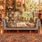 A rectangular watercolor paper on a drawing board shows translucent botanical leaves and wildflowers in progress. A pan paintbox, fine round brushes, clear rinse-water jar and folded cloth sit nearby. Botanical studies, art shelves and a sunny herb garden window complete the studio scene. Flat printed optical depth on sofa cover.
