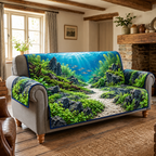 Planted Aquascape Stone Valley Sofa Cover with flat printed slate rocks, plants, winding sand path and small fish.