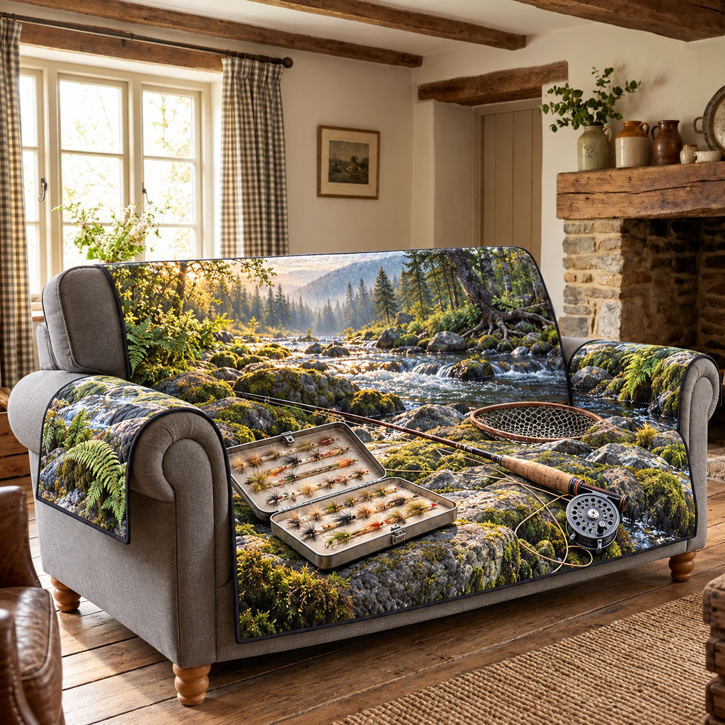Creekside Fly Box Morning Sofa Cover. Flat printed open feather-fly box, cork fly rod/reel and mossy creek landscape.