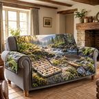 Creekside Fly Box Morning Sofa Cover. Flat printed open feather-fly box, cork fly rod/reel and mossy creek landscape.