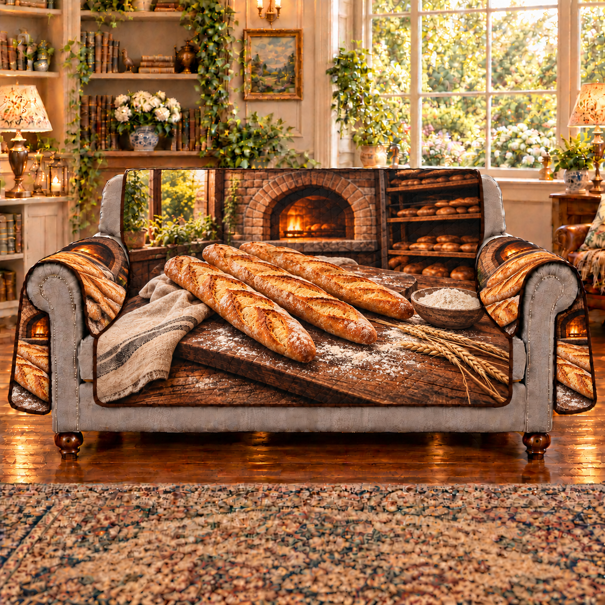 Three complete long golden baguettes with diagonal crust scoring rest on a flour-dusted walnut board beside folded linen, a flour bowl and wheat stems. A glowing recessed brick bread oven and shadowed bread shelves complete the bakery scene. Flat printed on sofa cover.