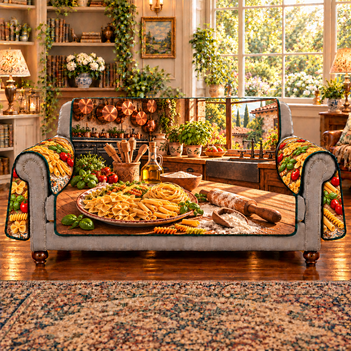 A complete ceramic platter displays farfalle bowties, penne tubes, spiral fusilli and a nest of ribbon pasta. Flour, wooden pasta tools and a rolling pin sit on the counter. Matching pasta, tomatoes and basil decorate both arm flaps, with a deep sunlit Italian kitchen and stone courtyard behind. Flat printed on a protective sofa cover with gray front arms and base exposed.