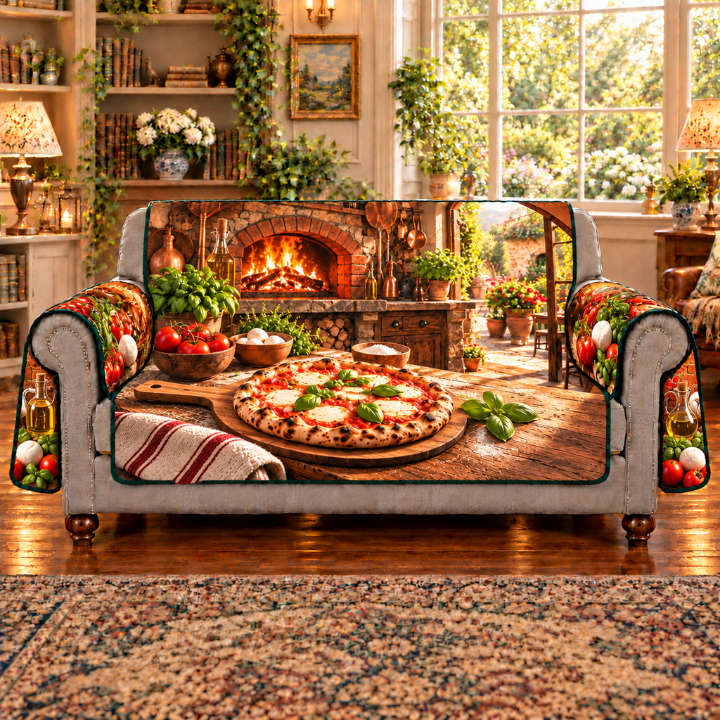 A whole margherita pizza with red tomato sauce, melted mozzarella and basil rests on a wooden pizza peel with a fully visible short handle. Tomatoes, mozzarella and olive oil complement the print across both arm flaps. A glowing brick pizza oven and sunny courtyard recede behind the counter. Flat printed on a protective sofa cover with gray front arms and base exposed.