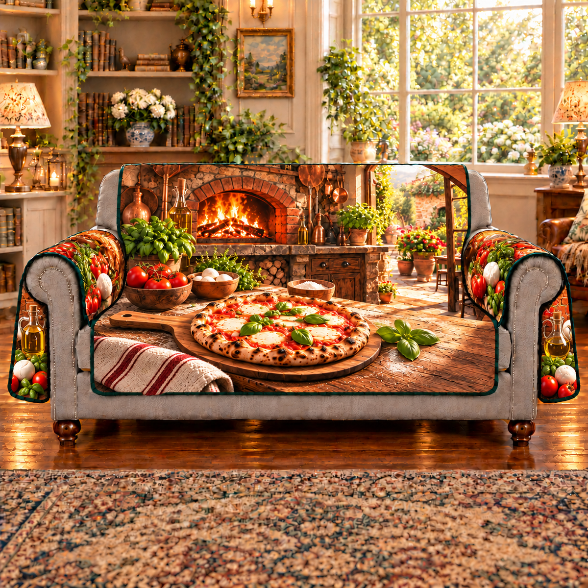 A whole margherita pizza with red tomato sauce, melted mozzarella and basil rests on a wooden pizza peel with a fully visible short handle. Tomatoes, mozzarella and olive oil complement the print across both arm flaps. A glowing brick pizza oven and sunny courtyard recede behind the counter. Flat printed on a protective sofa cover with gray front arms and base exposed.