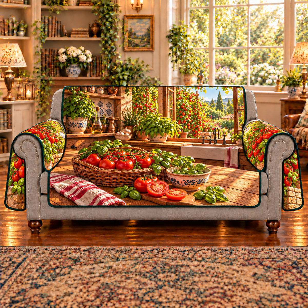 Ripe red vine tomatoes fill a whole wicker basket beside cut tomato halves, basil and a ceramic bowl on the counter. Tomato vines on supports, a low stone wall and garden path recede beyond a sunny kitchen window. Flat printed on sofa cover.