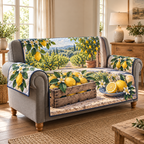 Lemon Harvest Orchard Bench Sofa Cover. Flat printed lemon harvest crate, blue-white plate and orchard doorway.