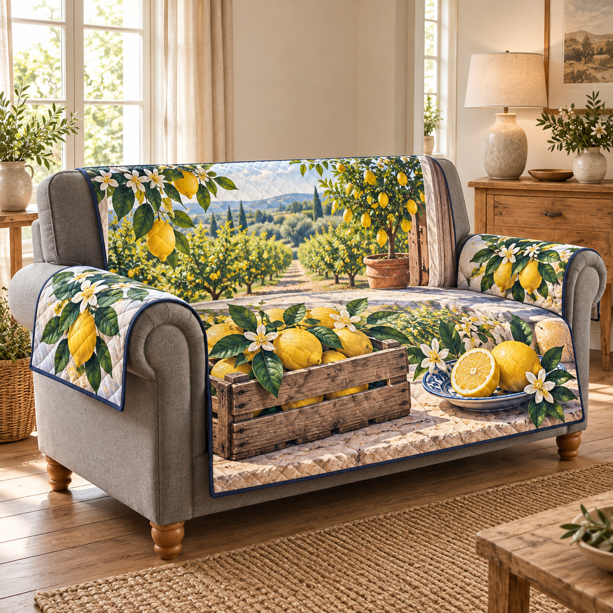 Lemon Harvest Orchard Bench Sofa Cover. Flat printed lemon harvest crate, blue-white plate and orchard doorway.