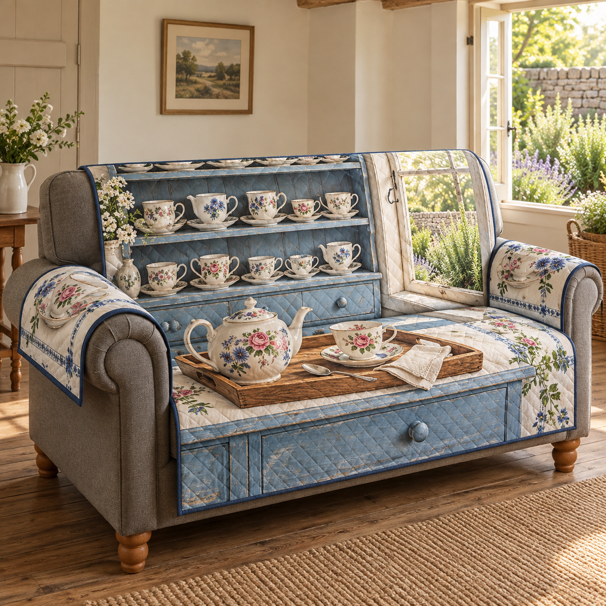 Garden Dresser Porcelain Teacups Sofa Cover. Flat printed floral porcelain teacups, blue dresser shelves, tea tray and herb garden window.