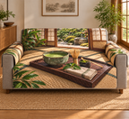 Matcha Ritual Tea Room Sofa Cover with flat printed celadon matcha bowl and bamboo tea tools before a layered moss garden.