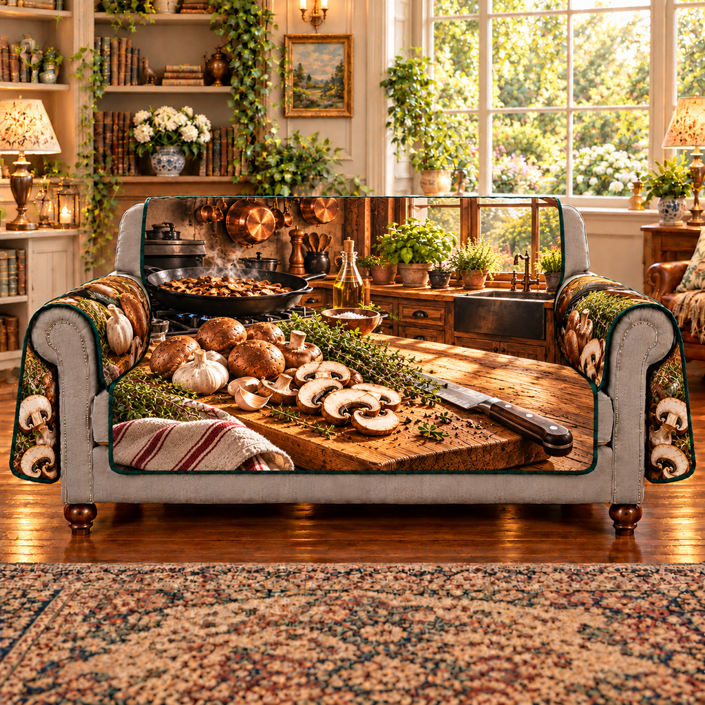 Whole brown mushrooms and sliced mushroom cross-sections sit on a wooden cutting board with thyme, garlic and a chef knife. A black skillet of mushrooms, hanging copper cookware, wooden cupboards and a sunny herb-filled window recede into a rustic kitchen. Flat printed on sofa cover.