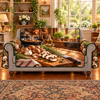 Whole brown mushrooms and sliced mushroom cross-sections sit on a wooden cutting board with thyme, garlic and a chef knife. A black skillet of mushrooms, hanging copper cookware, wooden cupboards and a sunny herb-filled window recede into a rustic kitchen. Flat printed on sofa cover.