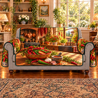 Glossy red and green chili peppers fill a decorated ceramic bowl, with a sliced pepper showing pale seeds. Garlic and a small spice mortar sit nearby, while dried chili strings, copper cookware and pepper plants recede into a sunny rustic kitchen. Flat printed on sofa cover.