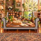 A complete bamboo steamer holds pale pleated dumplings beside round wrappers, a folded dumpling, a small rolling pin and a bowl of chopped vegetable filling on a flour-dusted wooden prep board. Receding steamer shelves, hanging utensils and a sunny bamboo garden window complete the kitchen scene. Flat printed optical depth on sofa cover.