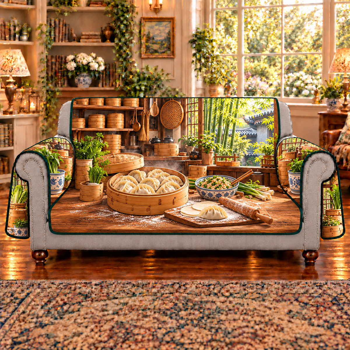 A complete bamboo steamer holds pale pleated dumplings beside round wrappers, a folded dumpling, a small rolling pin and a bowl of chopped vegetable filling on a flour-dusted wooden prep board. Receding steamer shelves, hanging utensils and a sunny bamboo garden window complete the kitchen scene. Flat printed optical depth on sofa cover.