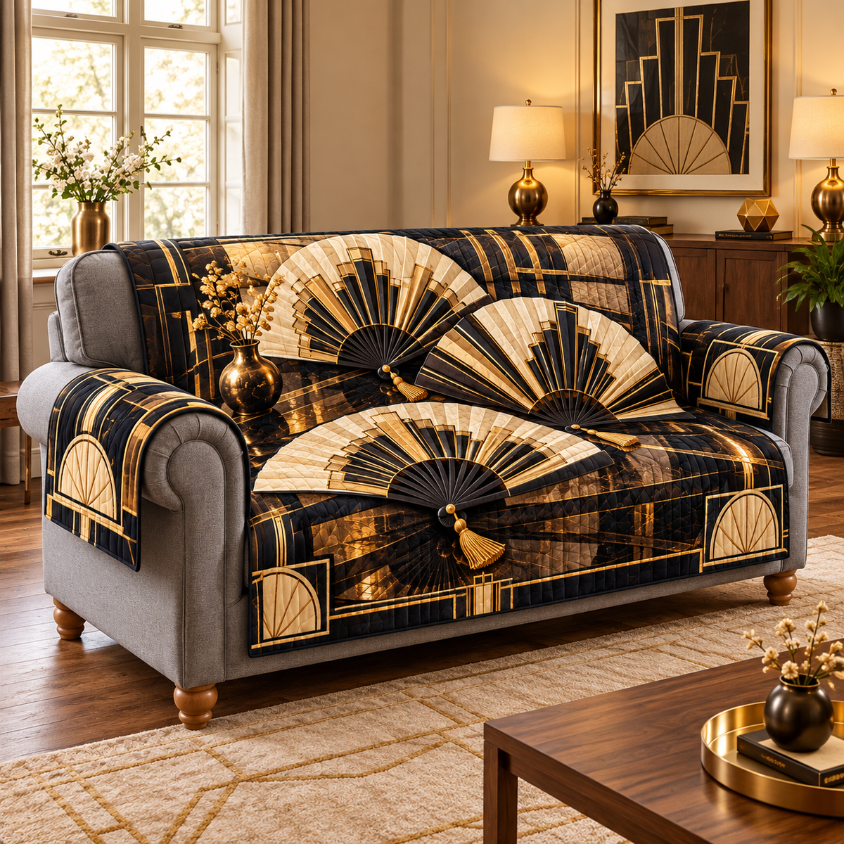 Art Deco Folding Fans Sofa Cover. Three flat printed ivory-black fans with gold-tone geometry and lacquer-look reflections.