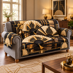 Art Deco Folding Fans Sofa Cover. Three flat printed ivory-black fans with gold-tone geometry and lacquer-look reflections.