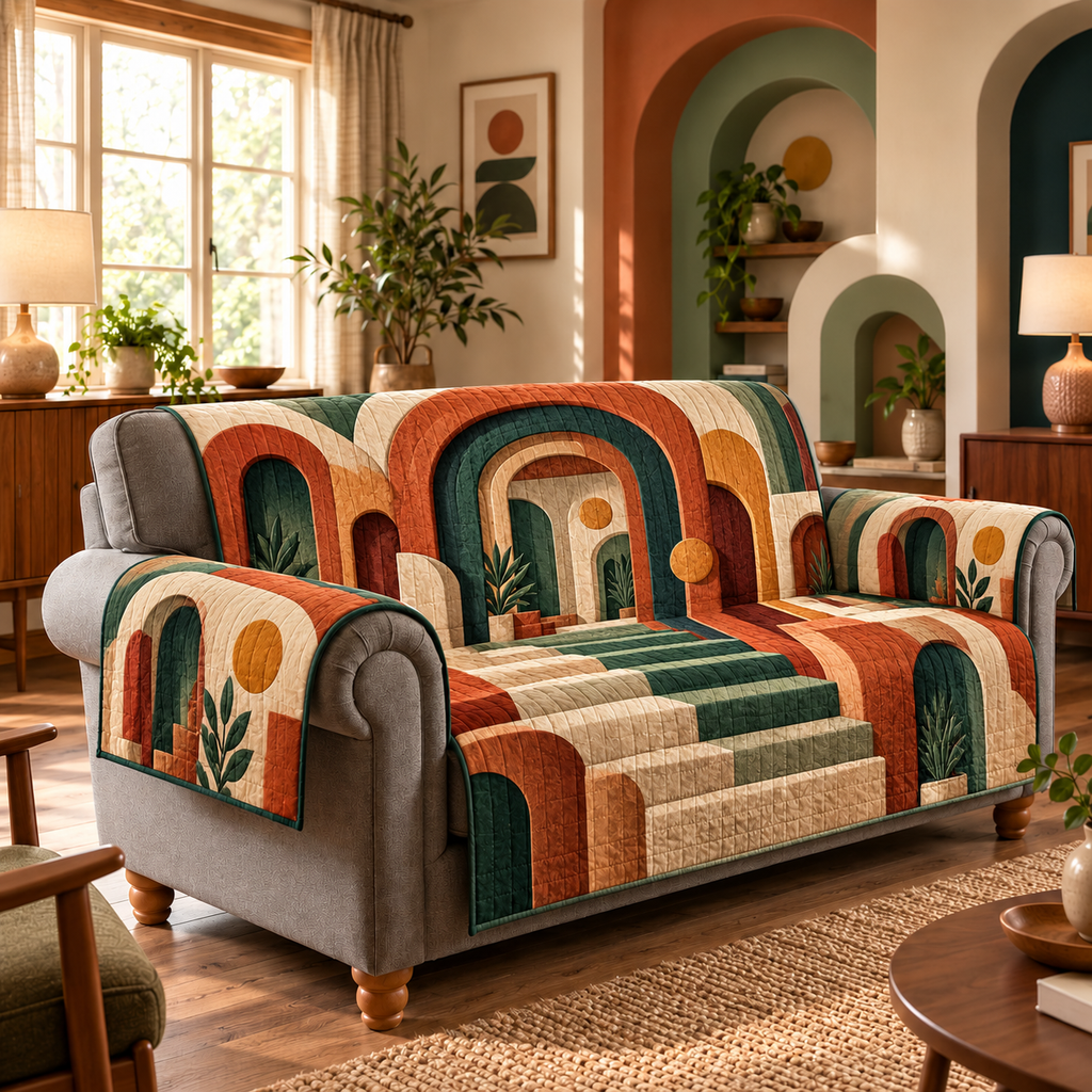 Midcentury Offset Archways Sofa Cover with flat printed nested rounded portals, perspective steps, ochre discs and potted-leaf details.