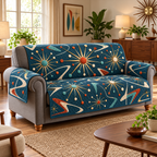 Midcentury Atomic Starbursts Sofa Cover with flat printed brass-tone rays, colored discs and loops on petrol teal.